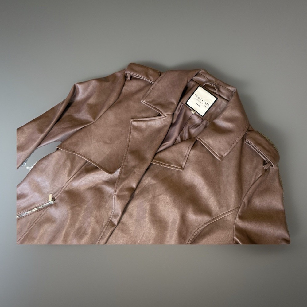 NWOT Bagatelle Brown Faux Leather Long Moto Jacket Zip Pockets Women's Size XL - Picture 6 of 13